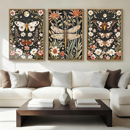 ANHUIB William Morris Wall Art 16x24 Inch Vintage Floral Wall Decor Framed Butterfly Dragonfly Prints Nature Botanical Animal Artwork Set of 3 for Living Room Bedroom Office