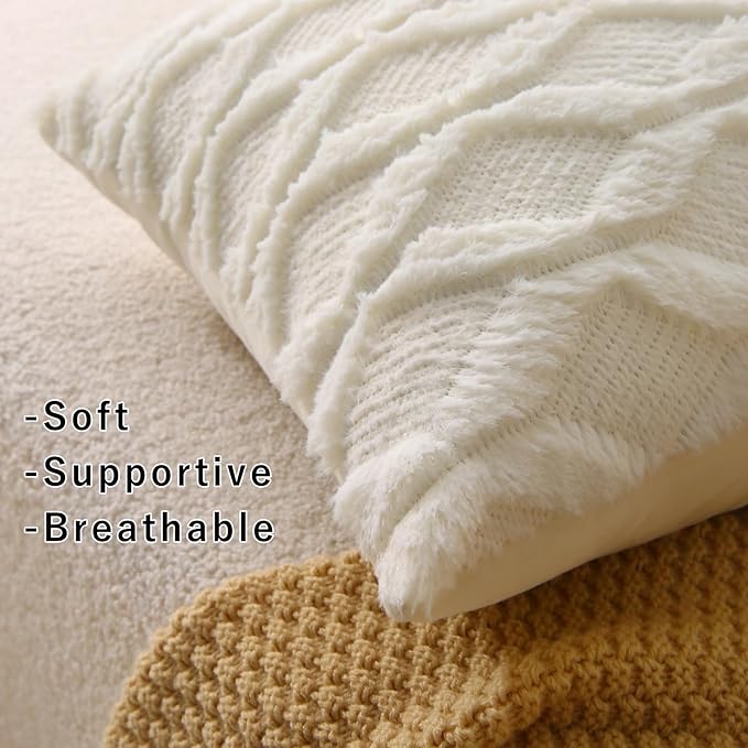 16" x 16" Decorative Throw Pillow with Inserts, Set of 2 Soft Faux Fur Throw Pillows, Square Boho Pillow for Couch, Bed, Sofa Decor, Beige
