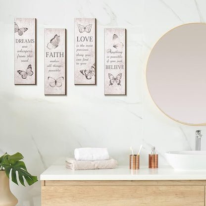 Qunclay 4 Pcs Butterfly Wall Decor Wooden Bathroom Sign Believe Faith Dream Love Inspirational Quote Wooden Rustic Art Accessories Butterfly Wood Decor 11 x 4 Inch for Home Wall Bathroom Bedroom