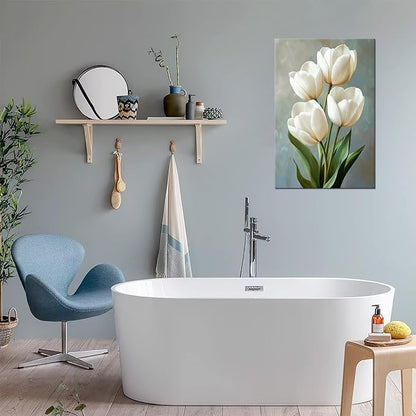 White Wall Art Tulips Wall Decor Flowers Pictures Modern Floral Paintings Canvas Prints Artwork for Bathroom Living Room Bedroom Home Decoration Framed