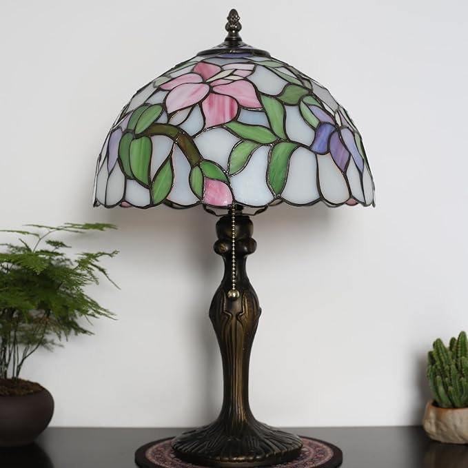 Tiffany Lamp Stained Glass Table Lamp Bedside Reading Lamp 12 x 19” Pink Flower Style Decorative Lamp for Desk Study Living Room Bedroom Office Decor Gift