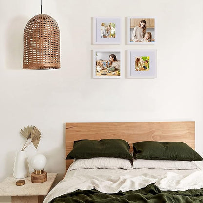 Egofine 8x8 Picture Frames 4 PCS - Made of Solid Wood Covered by Plexiglass for Table Top Display and Wall Mounting Photo Frame for Pictures 4x4/6x6 with Mat White