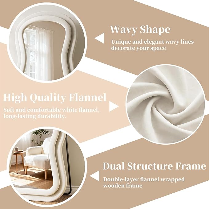 Wavy Full Length Mirror, 63"x24" Full Body Mirrors with Stand, Flannel Floor Mirrors for Bedroom, Living Room, Dressing Room, Hanging Leaning Wall Mirror