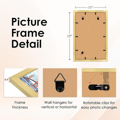FIXSMITH 11x17 Picture Frame Gold Set of 2, Photo Frame with HD Plexiglass, Display Pictures 9x15 with Mat or 11x17 Without Mat, Gold Picture Frames Collage Wall Decor, Gallary Wall Frame
