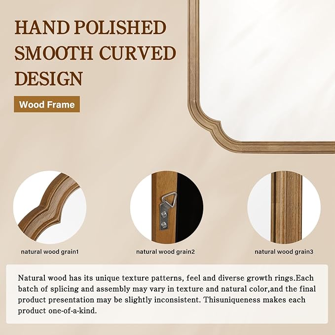 HOMECOOKIN Wood Bathroom Mirror for Wall Decor Arched Rounded Corner Rustic Wood Frame Wall Mirror Home Decorative for Vanity, Living Room, Bedroom, Entryway (24 x 36 inch, Honey A)