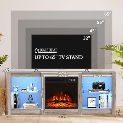 Kucreiheat 58 inch TV Stand with Fireplace-Entertainment Center with LED & Outlet for 65 inch TV-Grey Media Console with Adjustable Glass Shelves, Modern TV Table for Living Room/Bedroom