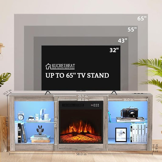 Kucreiheat 58 inch TV Stand with Fireplace-Entertainment Center with LED & Outlet for 65 inch TV-Grey Media Console with Adjustable Glass Shelves, Modern TV Table for Living Room/Bedroom