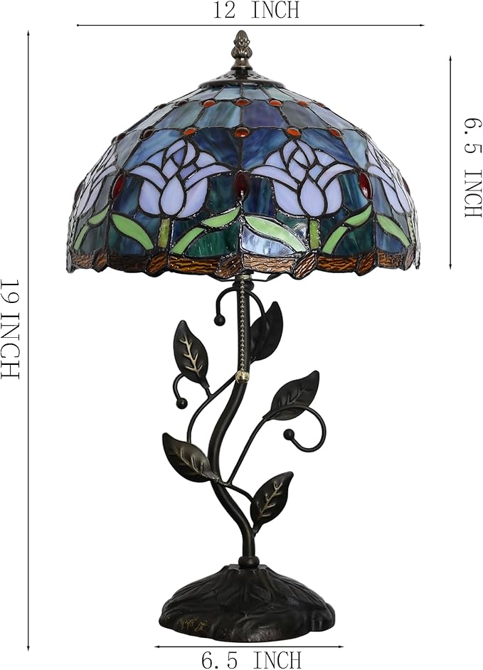 Tiffany Lamp Stained Glass Style Table Lamp Pink Tulips Style Bedside Desk Reading Light W12H19 Inch Metal Leaf Base with Metal Leaf Base