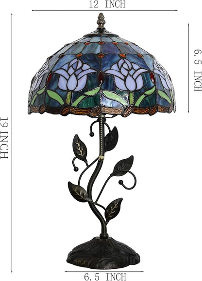 Tiffany Lamp Stained Glass Style Table Lamp Pink Tulips Style Bedside Desk Reading Light W12H19 Inch Metal Leaf Base with Metal Leaf Base