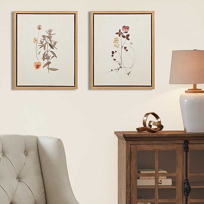 Madison Park French Herbarium Wall Art Living Room Decor - Floral Framed Linen Canvas, Home Accent Country Bathroom Decoration, Ready to Hang Painting for Bedroom, 17.84" X 21.84", Multi