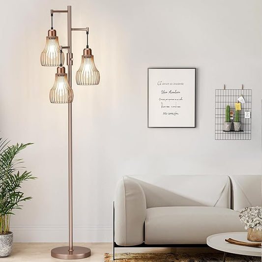 Ziisee Dimmable Floor Lamps for Living Room, Industrial Tree Standing Tall Lamps with 3 Elegant Cage Shade & 800 Lumens LED Bulbs for Bedroom Office - Brown