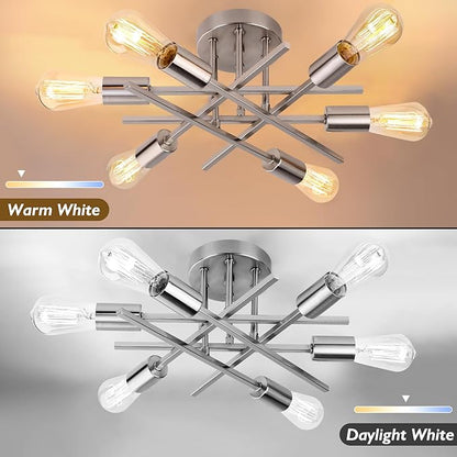 TOBUSA 6-Light Silver Semi Flush Mount Ceiling Light Fixture, Modern Industrial Brushed Nickle Sputnik Ceiling Light, E26 Close to Ceiling Light for Kitchen Bedroom Dining Room Living Room Hallway