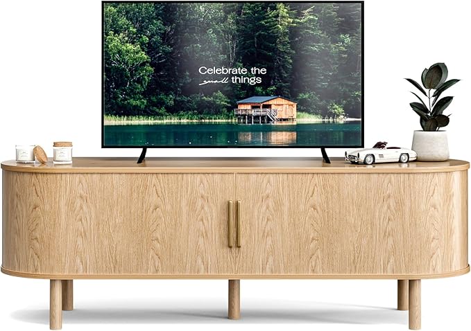 ZttRiee TV Stand for TVs up to 60 Inch, Entertainment Center with Sliding Doors and Adjustable Shelf, Modern TV Console with Storage for Living Room, Bedroom, Natural