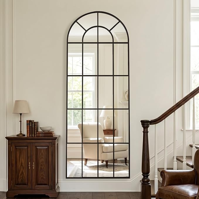 Anpark Arched Windowpane Mirror Full Length 65"x24" Wall Mounted Black Art Pane Farmhouse Decorative Floor Mirror Leaning Hanging Wall Mirror for Bedroom Living Room Entrance