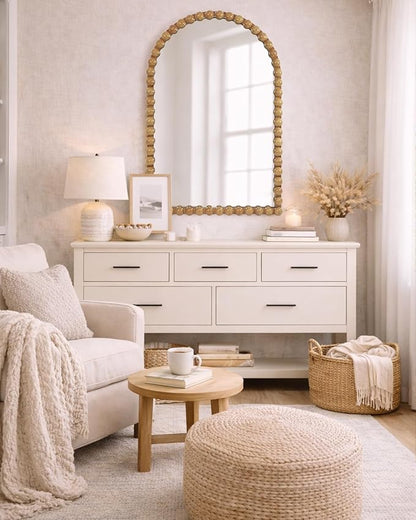 Beaded Arched Wall Mirror 24"x36", Decorative Arch Mirror with Beaded Frame, Vintage Style Accent Mirror for Entryway, Bathroom, Living Room, Bedroom, Fireplace Mantel