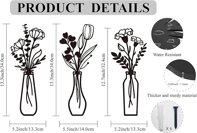 Metal Flowers Wall Arts 3 Pieces Black Metal Wall Decor Minimalist Art Wall Decor for Indoor Bedroom Living Room Bathroom Kitchen. (black1)