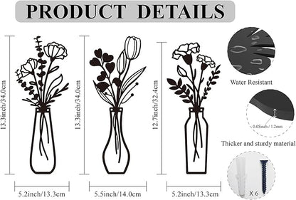 Metal Flowers Wall Arts 3 Pieces Black Metal Wall Decor Minimalist Art Wall Decor for Indoor Bedroom Living Room Bathroom Kitchen. (black1)