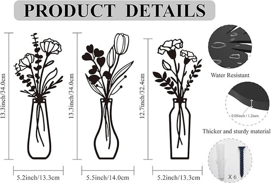 Metal Flowers Wall Arts 3 Pieces Black Metal Wall Decor Minimalist Art Wall Decor for Indoor Bedroom Living Room Bathroom Kitchen. (black1)