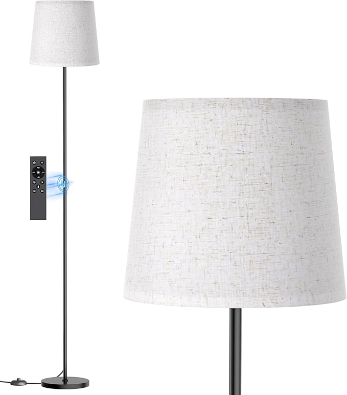 SIBRILLE Floor Lamp with Linen Shade - 62" Dimmable LED Standing Lamp with Remote Control, 9W E26 Bulb Included, 3000-6000K, Modern Floor Reading Light for Bedroom Living Room Office Corner, Black