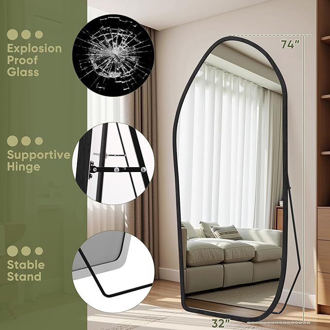 Suidia Full Length Mirror, Oversized Floor Mirror with Solid Wood Frame, Large Standing Mirror for Bedroom Living Room, Wood Art Style, Black, 74" L x 32" W