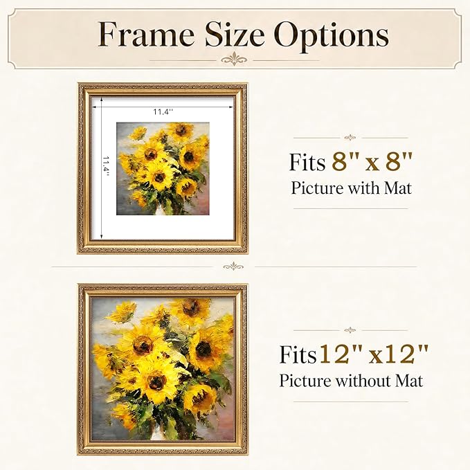 JCJMY 12x12 Vintage Picture Frame with 8x8 Mat Set of 4, Elegant Retro 12 by 12 Photo Frame with Shatter-Resistant Plexiglass for Wall Hanging, Gallery Decor & Gift, Gold, 4 Pack