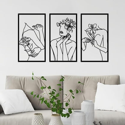 ESTART 3 Pieces Metal Minimalist Abstract Woman Wall Art Line Drawing Women Body Shape Wall Sculptures Single Line Female Flower Home Wall Art Decor for Bedroom Bathroom Living Room Kitchen