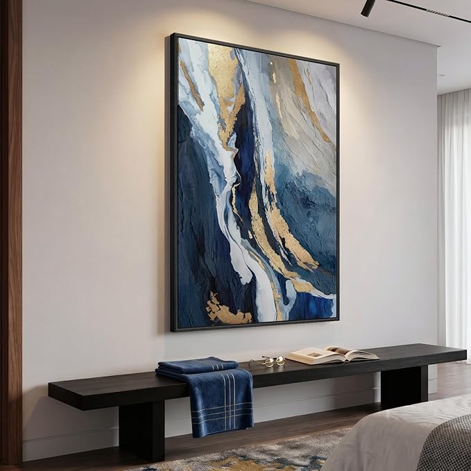 Extra Large Framed Blue Abstract Wall Art for Living Room, 40x60 In Oversized Blue and Gold Modern Canvas Prints Paintings, Big Vertical Navy Blue Pictures for Hallway Dining Bedroom Office Wall Decor
