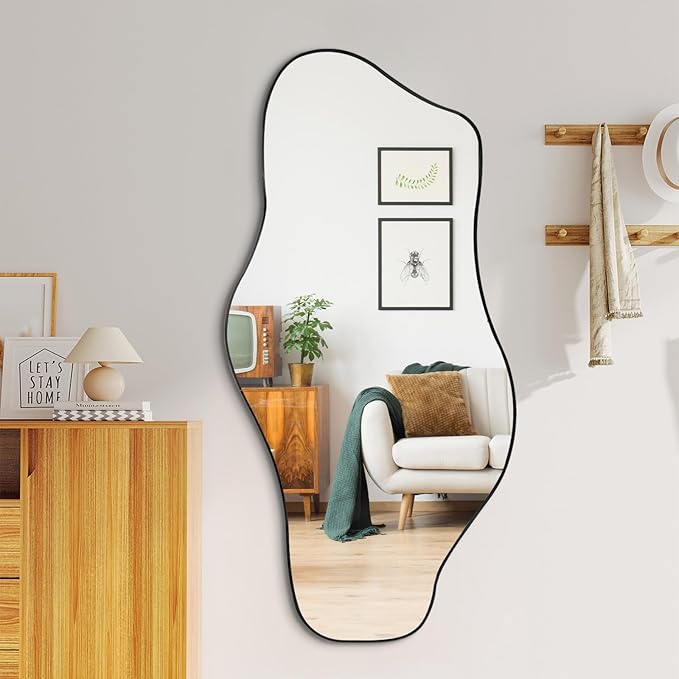 Irregular Frameless Mirror, 47.2"x24" Asymmetrical Aesthetic Mirror, Modern Organic Tempered Glass Mirrors for Living Room Bedroom Hallway Entryway, Horizontal or Vertical Hanging