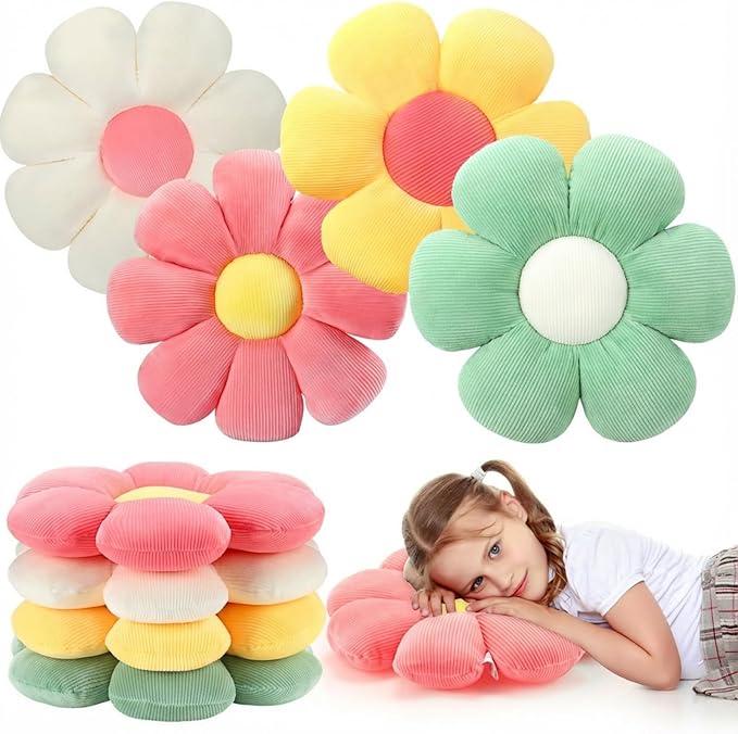 Coume 4 Pcs Flower Pillows 15" Plush Flower Shaped Pillows Daisy Floor Throw Cute Seat Cushion for First Day of School Bed Sofa Couch Chair Office Room Back to School Classroom Decor(Bright Colors)