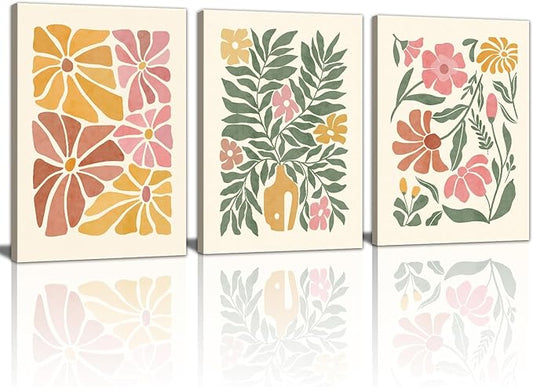 WENGTIAO 3Pcs Flower Market Canvas Wall Art Boho Floral Prints Posters Colorful Blossom Paintings Pictures Minimalist Wildflower Artwork for Living Room Girls Room Nursery Bedroom 16x24x3