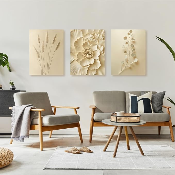 GELDSTEI Neutral Beige Floral Canvas Wall Art, Modern Minimalist Botanical Wall Decor, Vintage Beige Elegant Flower Poster Prints for Living Room Bedroom Framed Set of 3, Each 16x24 Inch