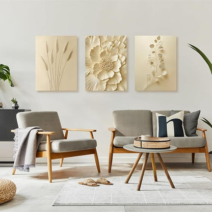 GELDSTEI Neutral Beige Floral Canvas Wall Art, Modern Minimalist Botanical Wall Decor, Vintage Beige Elegant Flower Poster Prints for Living Room Bedroom Framed Set of 3, Each 12x16 Inch