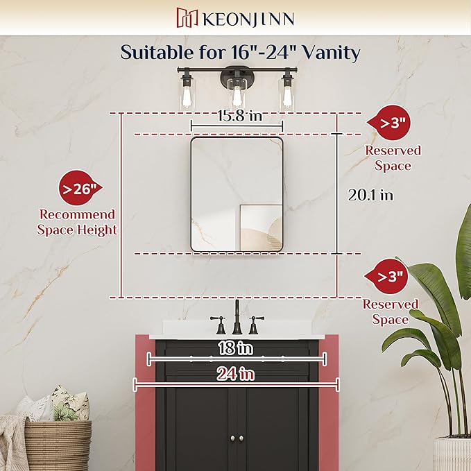 Keonjinn Black Bathroom Mirror for Over Sink, 16 x 20 Inch Rounded Rectangle Bathroom Vanity Mirror, Matte Black Sandblasted Finish, Tempered Glass, Seamless Aluminum Alloy Frame Mirror for Entryway