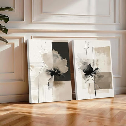 Modern Abstract Floral Wall Art Minimalist Neutral Canvas Painting Decor Beige Cream And Black Wall Art Contemporary Flower Picture Prints for Living Room Bedroom 16x24 Inch Wrapped Canvas Set of 2