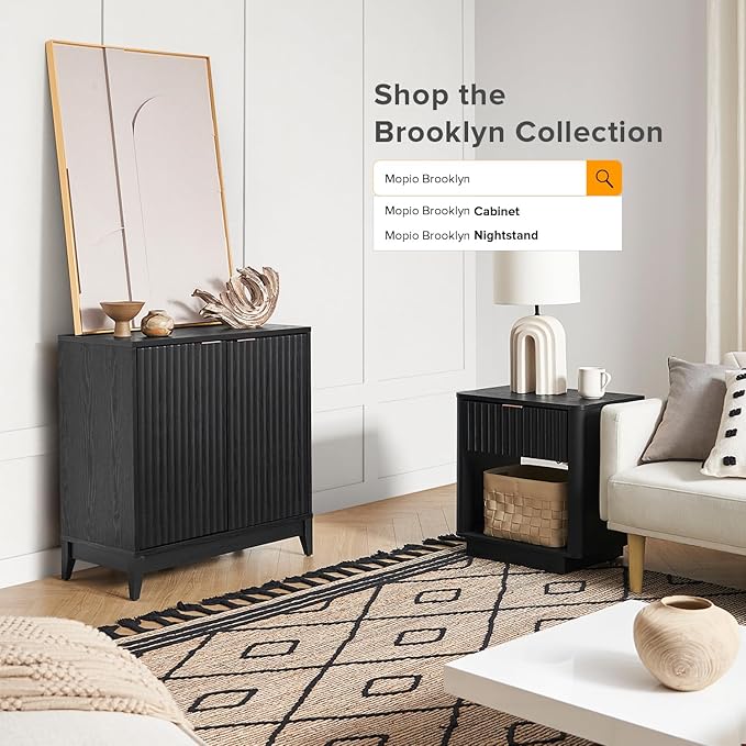 mopio Brooklyn Fluted Storage Cabinet, Modular Accent Buffet Sideboard with Adjustable Shelf, FSC Certified 50lb Load Modern Farmhouse Wood Credenza for Dining, Living Room, Entryway (Black, Single) | Accent Case