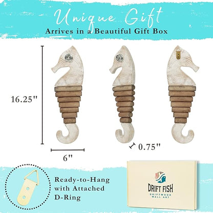 Handmade Driftwood Seahorse Nautical Wall Decor - 16.25" x 6" Wooden Rustic Coastal Wall Art for Living Room, Bedroom, Office, Bathroom - Ocean Beach Decoration (Squiggle)