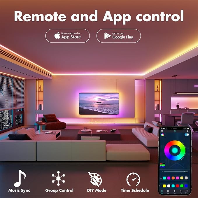 Led Lights for Bedroom 166FT Smart IC+RGB, Music Sync Color Changing Strip Lights, 24Key Remote+App Control Light Strip for BedHead,Underbed,Ceiling,Background Wall(2Rolls of 83FT)