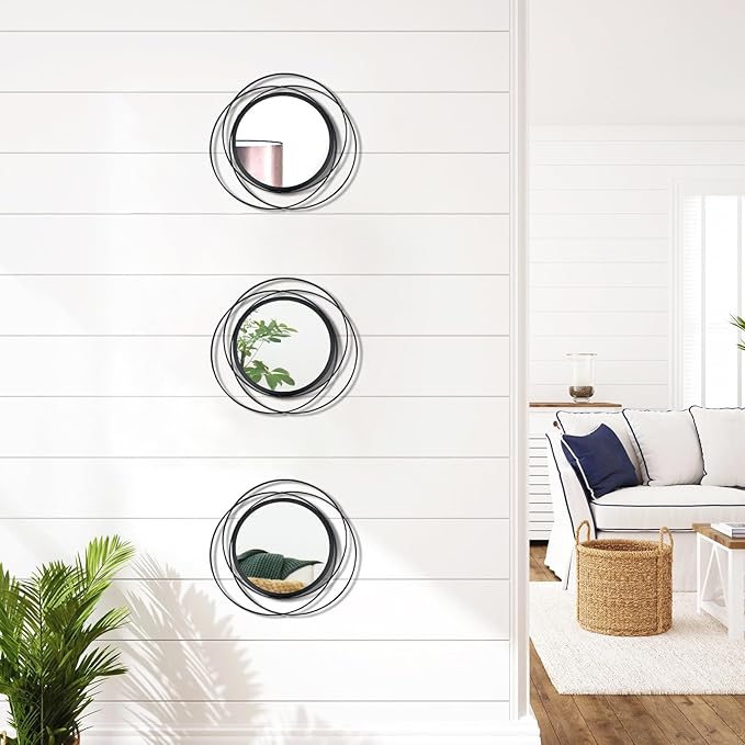 3 Set. Round Mirrors for Wall Decor Living Room Bedroom Bathroom Dining Room Metal Circle Mirror Set Boho Decorative Sunburst Wall Art Accent Entryway - Black 9.5 in.