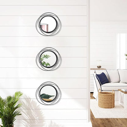 3 Set. Round Mirrors for Wall Decor Living Room Bedroom Bathroom Dining Room Metal Circle Mirror Set Boho Decorative Sunburst Wall Art Accent Entryway - Black 9.5 in.