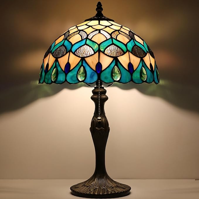 Tiffany Lamp Stained Glass Table Lamp Bedside Reading Lamp 12 x 19” Blue Phoenix Tail Style Decorative Lamp for Desk Study Living Room Bedroom Office Decor Gift