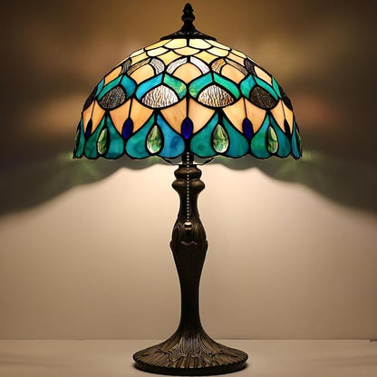 Tiffany Lamp Stained Glass Table Lamp Bedside Reading Lamp 12 x 19” Blue Phoenix Tail Style Decorative Lamp for Desk Study Living Room Bedroom Office Decor Gift