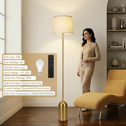 Gold Floor Lamps for Living Room, Dimmable Standing Lamp with Remote and Bulb, Modern Brass Tall Lamp with Heavy Metal Base, 3 Color Temperatures, Vintage Stand Up Light for Bedroom Reading Corner