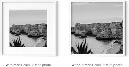 HAUS AND HUES 16x16 White Aluminum Frame Set of 4 - Matted to 12x12, Hanging Hardware, Shatterproof Plexiglass (16x16 in, White)