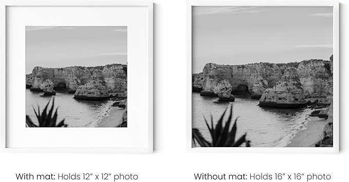 HAUS AND HUES 16x16 White Aluminum Frame Set of 6 - Matted to 12x12, Hanging Hardware, Shatterproof Plexiglass (16x16 in, White)