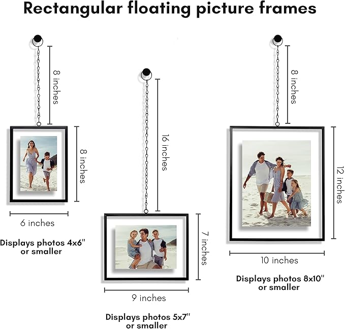 Americanflat Metal Floating Frame with Chain - Set of 3 - Use as 8x10, 5x7 or 4x6 Frame - Pressed Flower Display for Wall Decor - Elegant Black Molding with Shatter-Resistant Glass
