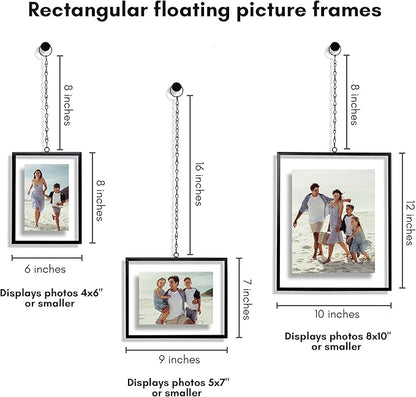 Americanflat Metal Floating Frame with Chain - Set of 3 - Use as 8x10, 5x7 or 4x6 Frame - Pressed Flower Display for Wall Decor - Elegant Black Molding with Shatter-Resistant Glass