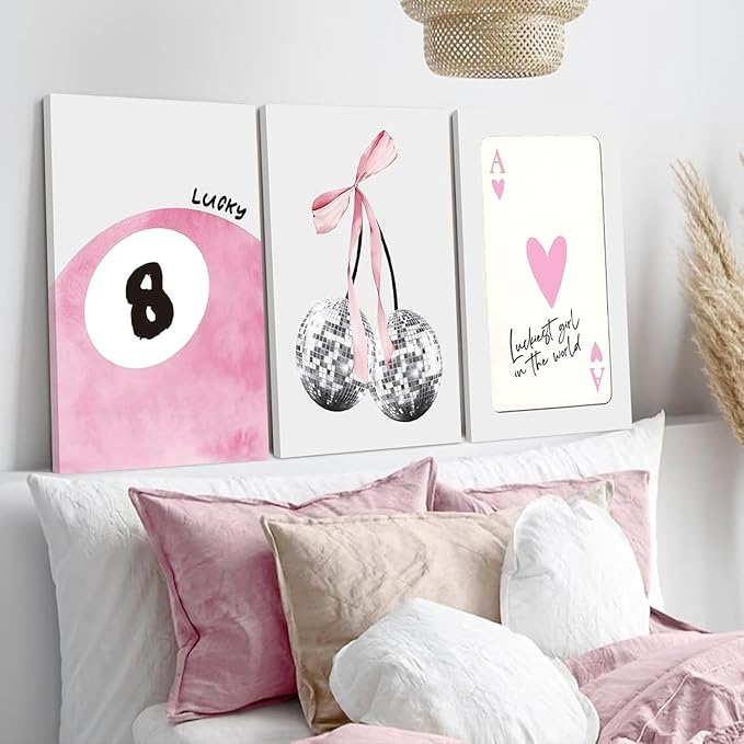 JBZZD Pink Coquette Canvas Wall Art Set of 3 Trendy Preppy Disco 8 Ball Cherry Wall Decor Posters Room Decor Prints Pictures for College Apartment Girls Bedroom Living Room Framed 16x24 In
