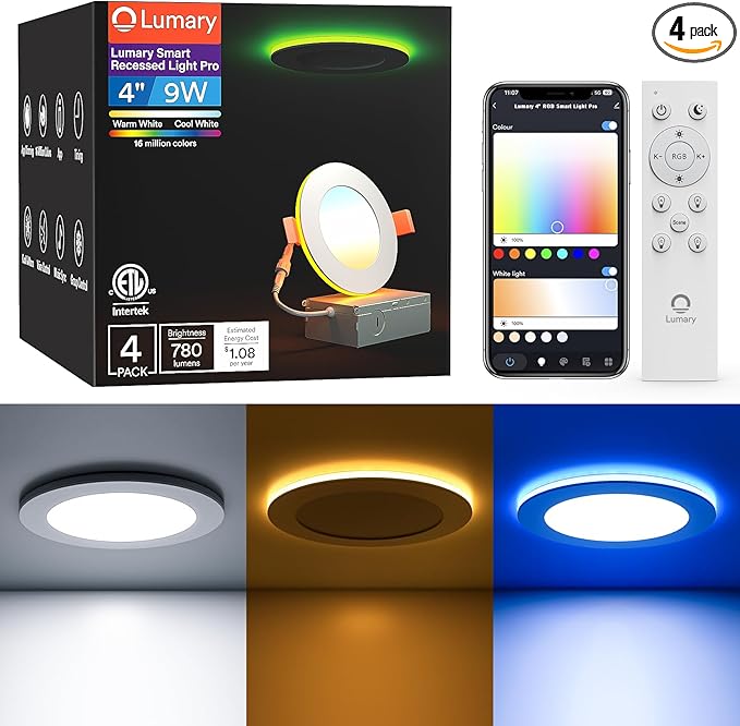 Lumary Smart Recessed Lighting Pro 4 Inch with RGB/Night Ring, 9W 780LM Smart WiFi Wafer Downlight, Canless with Junction Box, Compatible with Alexa/Google Assistant/BT Remote, ETL Listed, 4 Pack