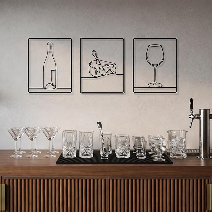Otoolling 3 Pieces Metal Minimalist Line Kitchen Signs Wall Decor Drawing Rustic Kitchen Wall Art for Dining Living Room Home, 14 x 11 Inches(Wine,Black)