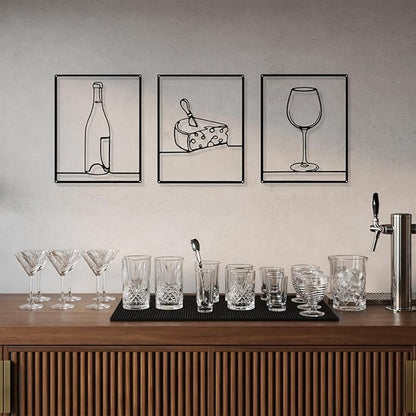 Otoolling 3 Pieces Metal Minimalist Line Kitchen Signs Wall Decor Drawing Rustic Kitchen Wall Art for Dining Living Room Home, 14 x 11 Inches(Wine,Black)